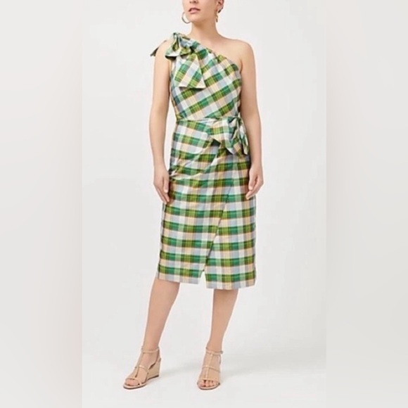 J. Crew Dresses & Skirts - J Crew One Shoulder Sheath Dress Bow Faux Wrap Plaid Silk Blend Size 12